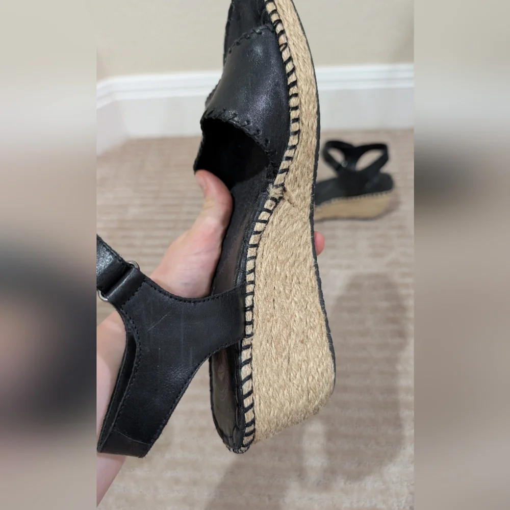 Nurture Black Leather Espadrille Wedge Sandals - Picture 5 of 9